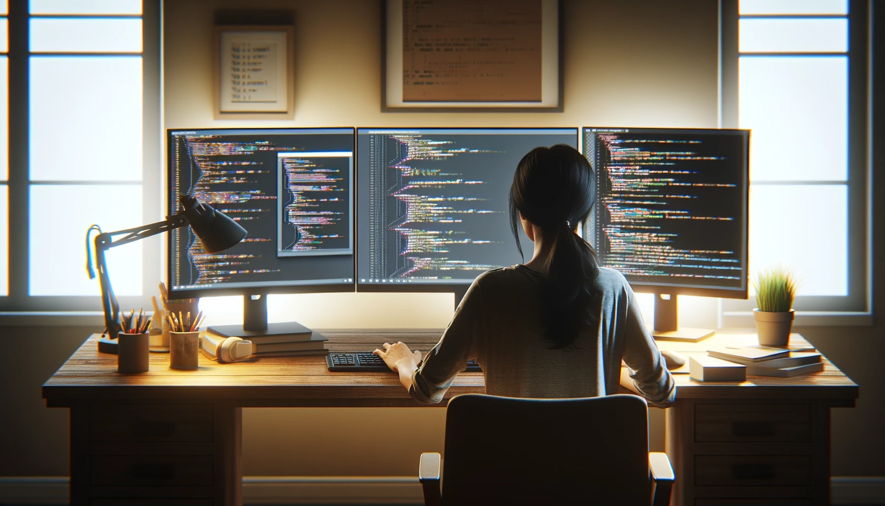 A female freelance developer is intensely focused on her work, coding and programming on a dual-screen setup that displays various code languages and applications